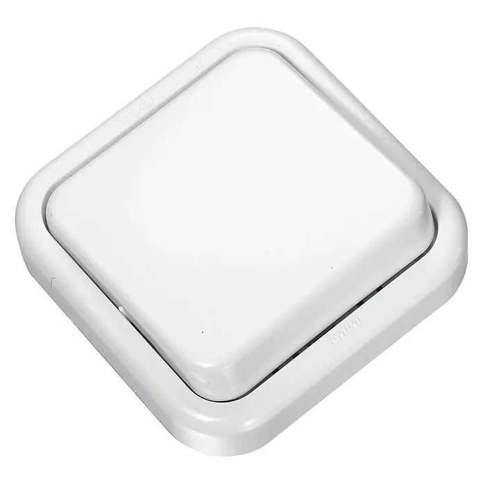 Fontini Kristal Interruptor - Blanco, Colocar, Para interior - Primer plano de un interruptor blanco cuadrado con esquinas redondeadas y un marco sutil.