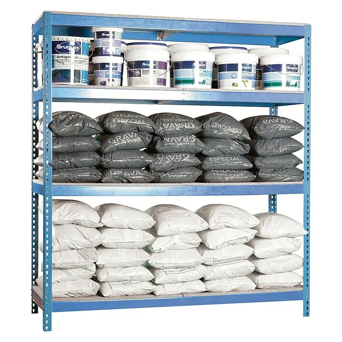 Regalux Estantería para cargas pesadas XXL - Al x An x Pr: 180 x 180 x 60 cm, Número de baldas: 4 ud., Inserción, Azul - Estantería con recipientes de pintura Bruguer, sacos de grava y sacos de arena apilados en una estantería metálica azul.