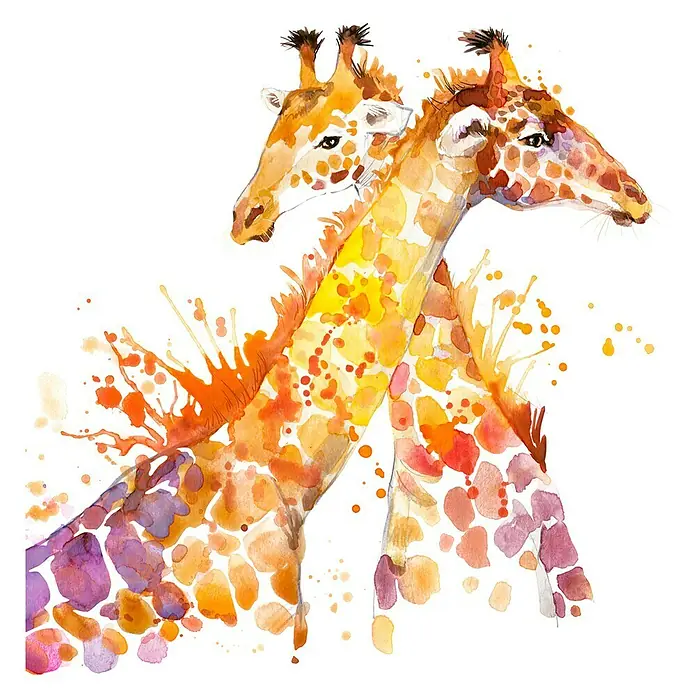 Póster Jirafa - Animales, An x Al: 30 x 30 cm - Obra de arte en acuarela con dos jirafas, representadas en tonos vibrantes que ofrecen un toque lúdico y creativo.