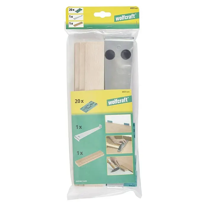 Wolfcraft Verlege-Set - Geeignet für: Laminat, 20 x Abstandskeil, 1 x Zugeisen, 1 x Schlagholz - Wolfcraft Dübel-Set für präzise Holzverbindungen, ideal für Heimwerkerprojekte. Enthält Dübel, Markierer und mehr für einfache Anwendung.