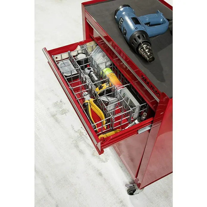Ruco Schubladeneinsatz - L x B x H: 42 x 23 x 7,5 cm, Grau, Kunststoff - Ein roter Werkzeugwagen mit einer Schublade, die mit Werkzeugen gefüllt ist, darunter eine Heißluftpistole auf der Oberseite.