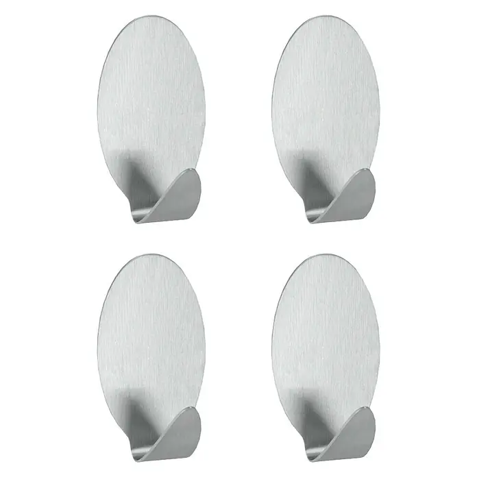 Metaltex Aufhängehaken Liliput - Silber, 2,5 x 5 cm, 4 Stk., Stahl - Abbildung von vier selbstklebenden Haken aus Edelstahl, ideal für Badezimmer oder Küche, auf schwarzem Hintergrund.