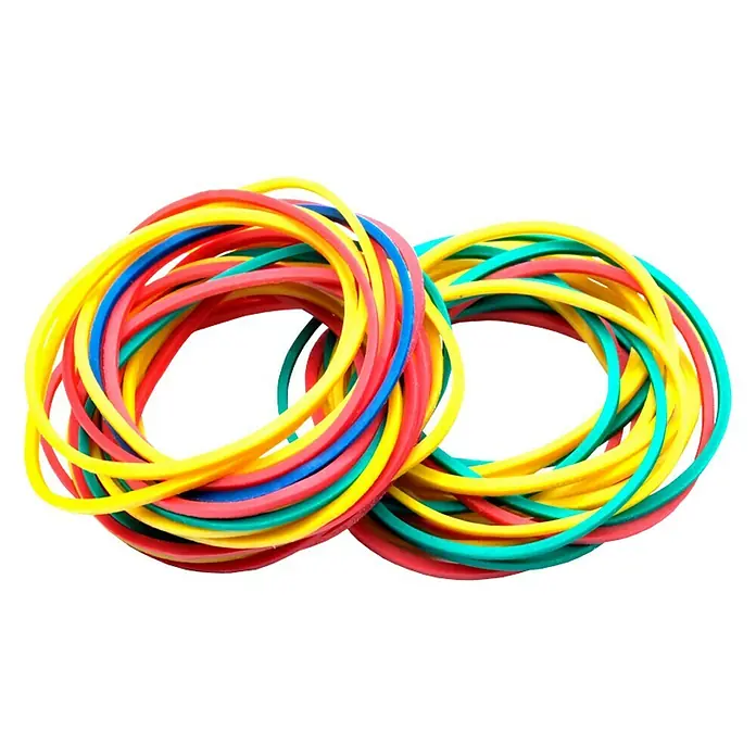 Metaltex Gummi - 90 Stk., Durchmesser: 38 mm - Zwei Haufen bunter Gummibänder in Gelb, Rot, Blau und Grün, ideal zum Organisieren von Dokumenten oder zum Basteln.