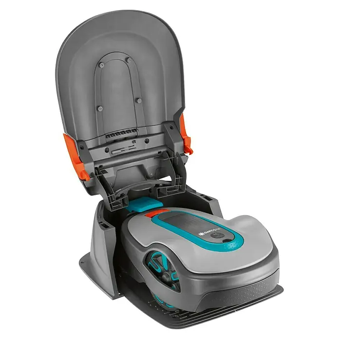 Gardena Garaje para robot cortacésped Garage Sileno Life - L x An x Al: 790 x 590 x 333 mm, Gris, robot cortacésped Garage Sileno Life - El robot cortacésped Gardena con su carcasa abierta, revelando su moderna tecnología y diseño preciso.