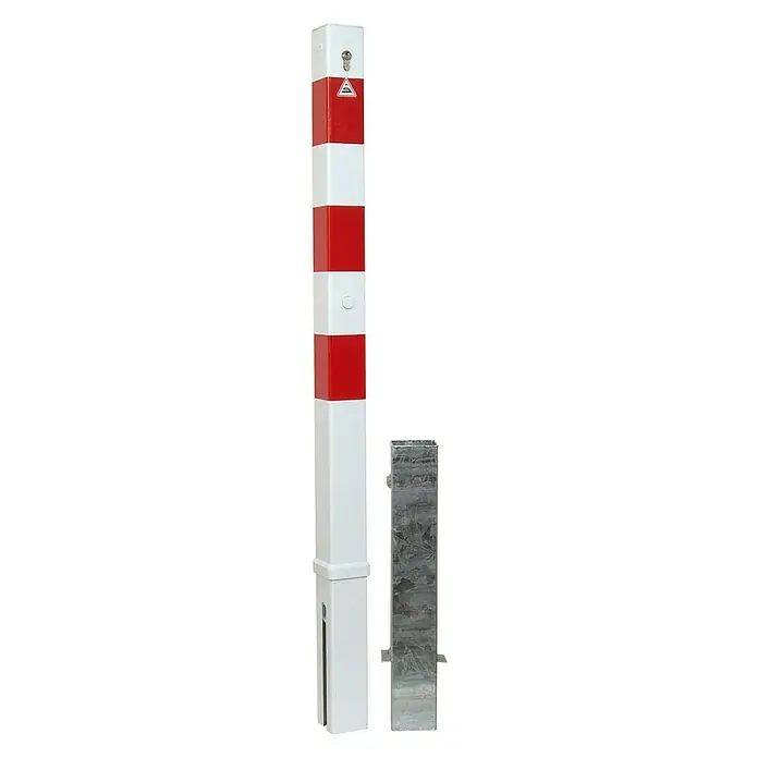 Schake Sperrpfosten - L x B x H: 70 x 70 x 1.400 mm, Stahl, Einbetonieren, Profilzylinderschloss - Absperrpfosten mit rot-weissen Streifen und Bodenhülse für flexible Verkehrssicherung.