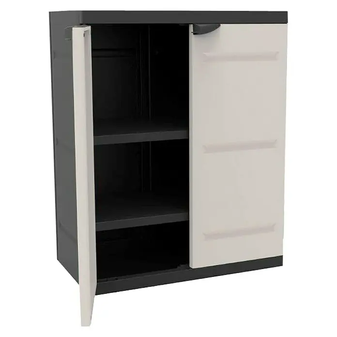 Plastiken Titanium Armario multiusos de plástico  bajo - L x An x Al: 44 x 70 x 88 cm, Gris/Negro - Armario de almacenamiento abierto gris con dos estantes. Ideal para guardar varios objetos en el garaje o sótano.