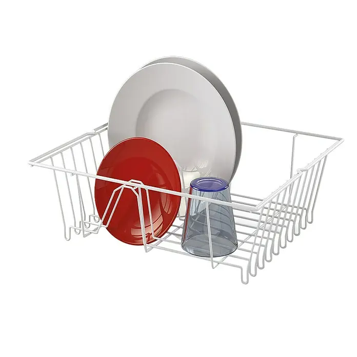 Metaltex Geschirrkorb Piccolo - L x B x H: 36 x 33 x 12 cm, Weiß - Ein weißer Abtropfkorb mit Geschirr. Der Geschirrständer enthält Teller und ein Glas, ideal für das Trocknen nach dem Abwasch.
