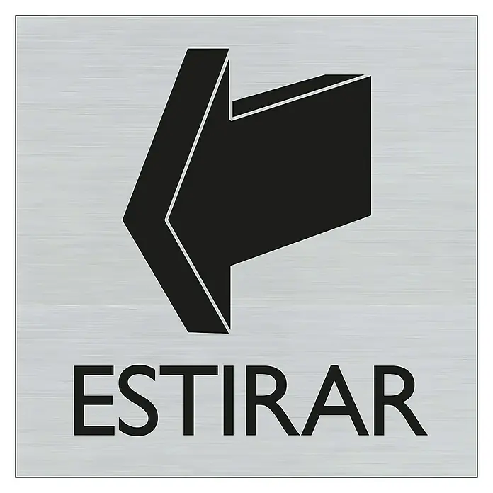 Pickup Rótulo catalán - Plateado, Motivo: Tirar, 8 x 8 cm - Pictograma con flecha a la izquierda y la palabra "ESTIRAR", que significa "tirar", sobre un letrero de metal cepillado.