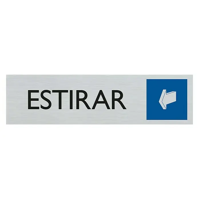 Pickup Rótulo catalán - Plateado, Motivo: Tirar, 16,5 x 4,4 cm - Un letrero rectangular con la palabra "ESTIRAR" en negro y un pictograma azul que indica tirar, sobre un fondo plateado.