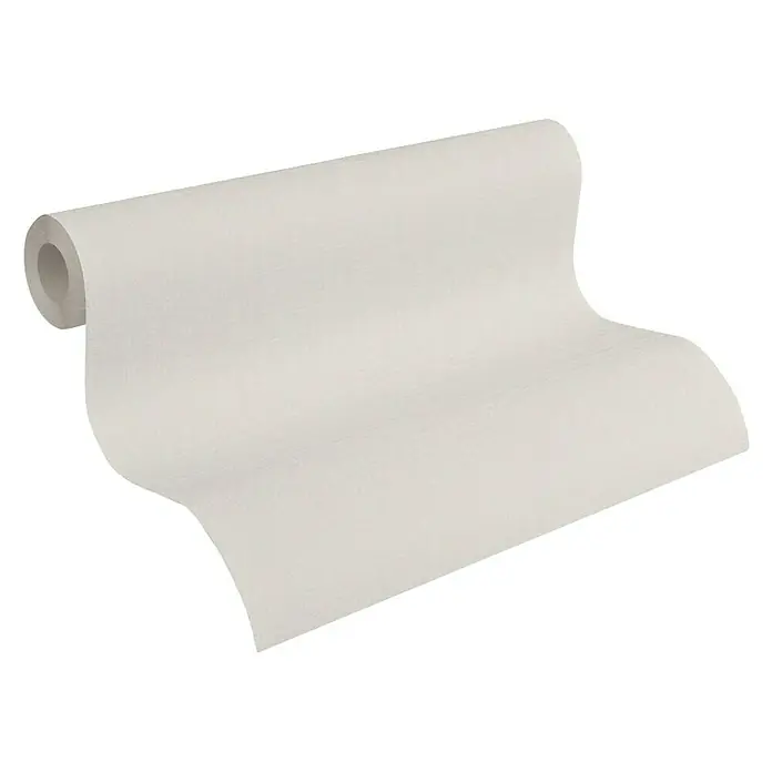 A.S. Création Vliestapete Majestic - Beige, Uni, 10,05 x 0,53 m - Nahaufnahme einer Rolle schlichter, weißer Tapete mit subtiler Textur. Perfekt, um jedem Raum einen Hauch von Eleganz zu verleihen.