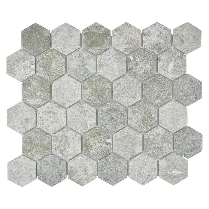 Mosaikfliese Hexagon HX CURIO GG - 32,5 x 28,1 cm, Grau, Matt - Graue Sechseck-Mosaikfliesen für Wand- und Bodengestaltung, ideal für moderne und stilvolle Raumakzente. Robuste Oberfläche mit natürlicher Textur.