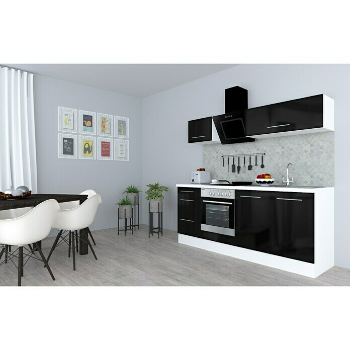 Respekta Premium Composición de cocina (Ancho: 210 cm, Con dispositivos eléctricos, Negro de alto brillo)