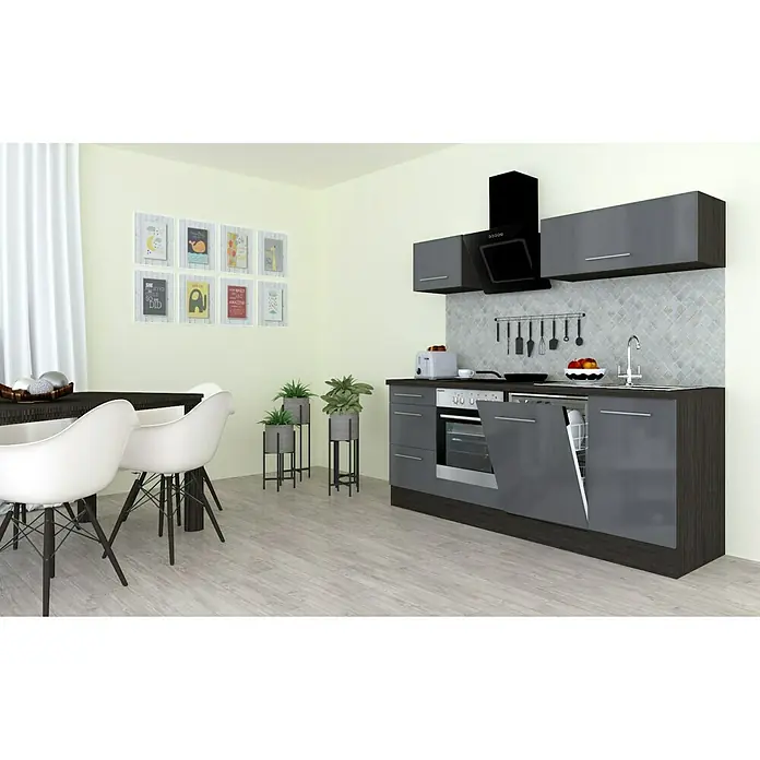 Respekta Premium Küchenzeile RP220EGCBO - Breite: 220 cm, Grau, Mit Elektrogeräten - Eine moderne Küchendarstellung mit grauem Küchenschrank, Esstisch und dekorativen Elementen, die eine stilvolle Raumatmosphäre erzeugen.