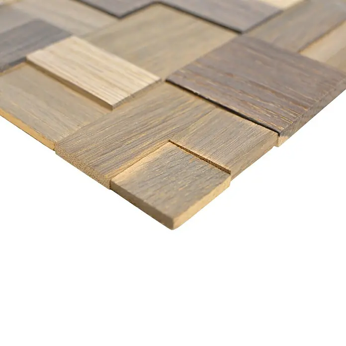 Selbstklebemosaik Wood SWM MC33N - 30 x 30 cm, Grau, Matt - Nahaufnahme einer Wandverkleidung aus verschiedenen Holzstücken, die ein dekoratives Muster bilden.