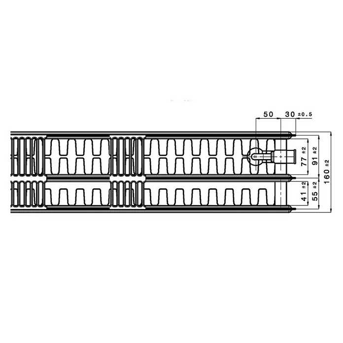 Flachheizkörper - B x H: 2.000 x 500 mm, Wärmeleistung bei Vorlauftemperatur von 75 °C (D: 50): 3.896 W, Typ Heizkörper: 33 - Schematische Darstellung eines Heizkörpers mit Maßangaben für Installationszwecke. Präzise Angaben für die Montage.