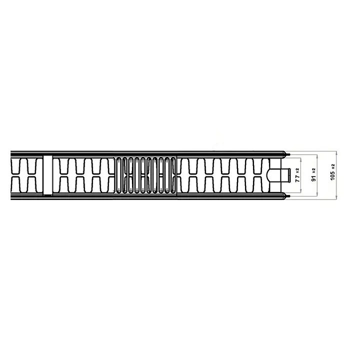 Flachheizkörper - B x H: 1.400 x 500 mm, Wärmeleistung bei Vorlauftemperatur von 75 °C (D: 50): 1.995 W, Typ Heizkörper: 22 - Abbildung eines Heizkörpers mit den Maßen 77±2, 91±2 und 105±2.