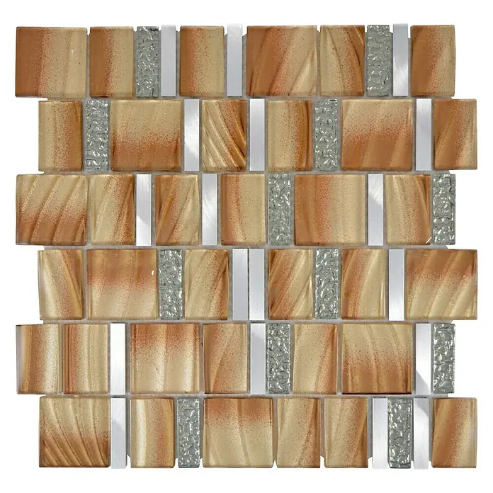 Mosaikfliese Crystal Mix XCM SUN03 - 29,7 x 29,5 cm, Braun, Glänzend - Goldbraunes Mosaikfliesen-Design mit Silberakzenten für eine luxuriöse Wandverkleidung. Perfekt für Badezimmer und Küchen.