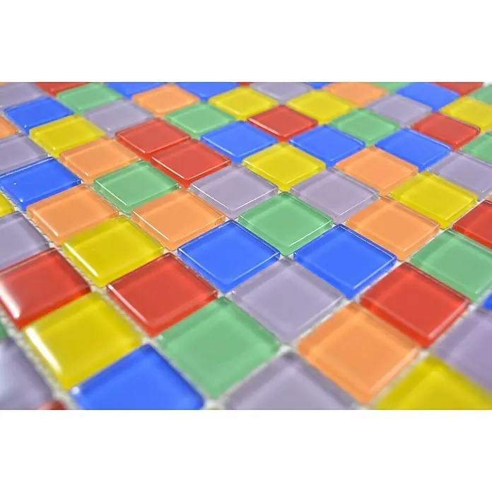 Mosaikfliese Quadrat Crystal CM 4SE10 - 30 x 30 cm, Mehrfarbig, Glänzend - Nahaufnahme eines Mosaikfliesenmusters in verschiedenen Farben, das eine lebendige und dekorative Oberfläche für den Innenbereich zeigt.