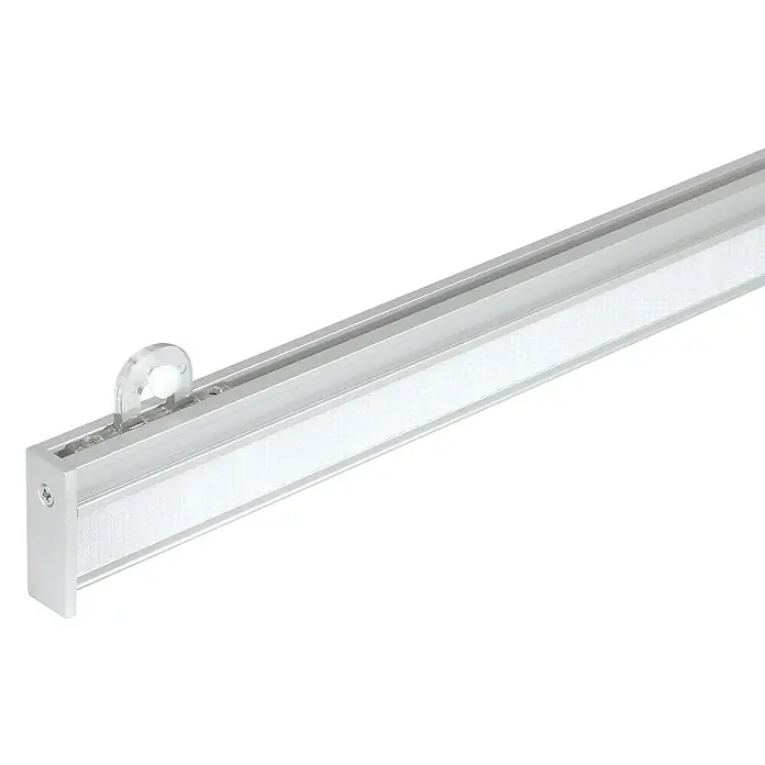 Expo Ambiente Paneelwagen Multitrack - Edelstahloptik, Breite: 4,7 cm - Silberne LED-Lichtleiste mit transparentem Aufhänger. Ideal für moderne Beleuchtungssysteme und stilvolles Design.