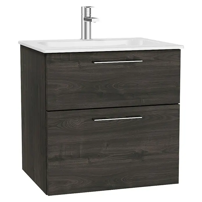 Camargue Aurinia Waschtischunterschrank - 60 x 48 x 60 cm, Marone Trüffel - Ein Waschbeckenunterschrank mit zwei Schubladen und einer modernen Armatur. Die Holzoptik verleiht dem Bad eine warme Atmosphäre.
