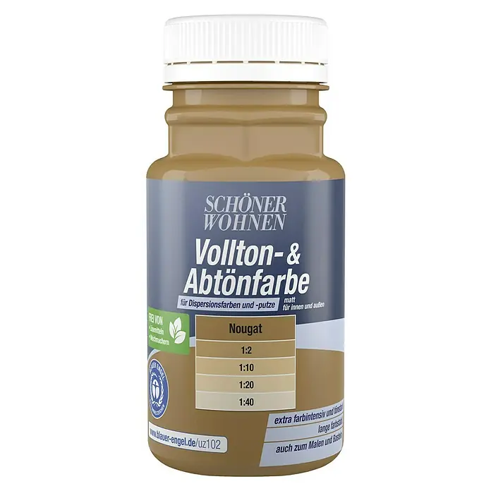 SCHÖNER WOHNEN-Farbe Vollton- & Abtönfarbe - Nougat, Matt, 125 ml - Abbildung einer Dose Schönner Wohnen Vollton- & Abtönfarbe in Nougat mit verschiedenen Mischungsverhältnissen.