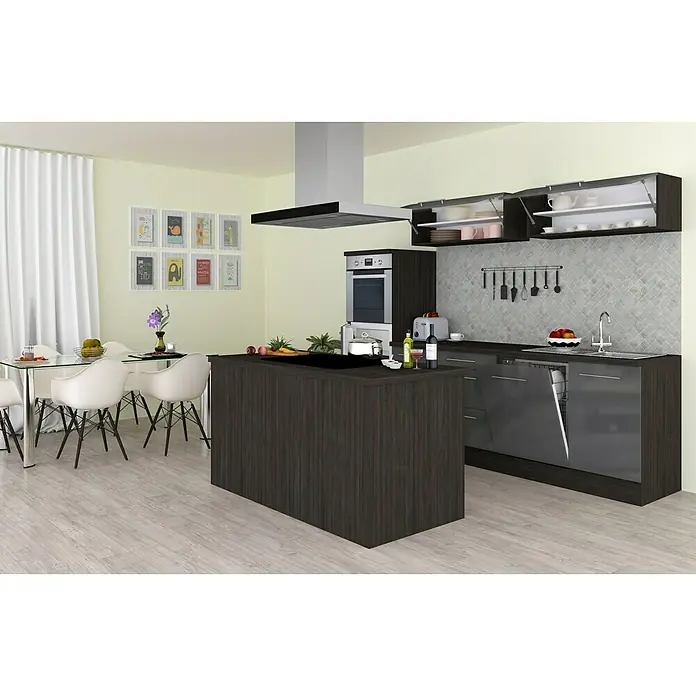 Respekta Premium Cocina de isla Amanda - Ancho: 280 cm, Roble/Gris, Con electrodomésticos - Cocina moderna con armarios de madera oscura, isla de cocina y zona de comedor. La cocina es luminosa y acogedora.
