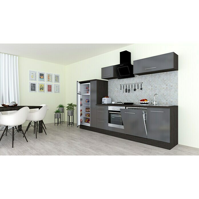 Respekta Premium Composición de cocina (Ancho: 310 cm, Con dispositivos eléctricos, Gris de alto brillo)