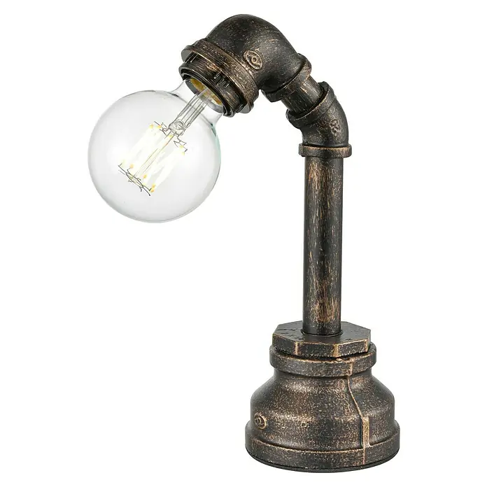 Tween Light Tana Tischleuchte - 40 W, L x B x H: 13 x 10 x 27 cm, Kupfer/Schwarz, E27 - Nahaufnahme einer Tischleuchte im Industriestil mit einer dekorativen Edison-Glühbirne und einem einzigartigen Metallrohrdesign.