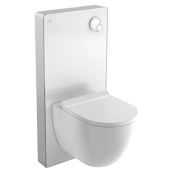 Camargue Sanitärmodul für Wand-WC - 2-Mengen-Spülung, 10,8 x 48,3 x 100 cm, Glasverkleidung, Weiß - Eine Nahaufnahme einer Catalano Wandtoilette mit Spülkasten und Betätigungsplatte in Weiß, die ein modernes Badezimmer-Design zeigt.