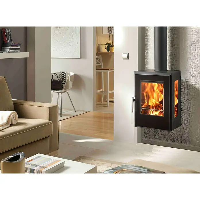 Panadero Estufa de leña Inca Wall - 8 kW, Volumen de calefacción: 250 m³, Negro - Chimenea de pared con ventana de cristal y fuego encendido, que aporta calidez y ambiente a la estancia.