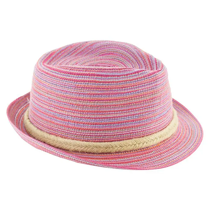 Sonnenhut Lou - Pink, Geeignet für: Kinder - Farbiger Strohhut mit braunem Band. Der Hut ist aus Stroh gefertigt und hat ein buntes Muster aus rosa und lila Streifen.
