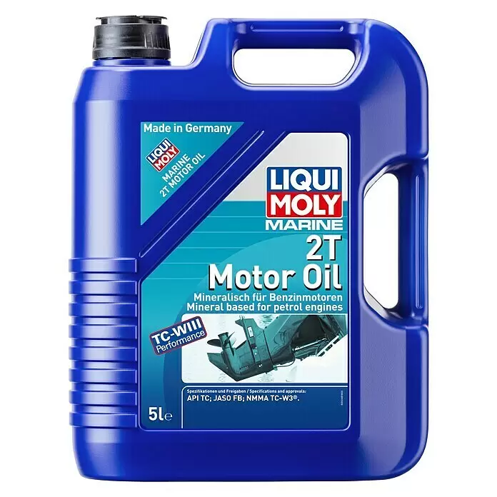 Liqui Moly Marine Aceite para motor 2T - 5 l, Mineral - Garrafa azul de aceite de motor Liqui Moly Marine 2T, 5L, con tapón negro y etiqueta con detalles.