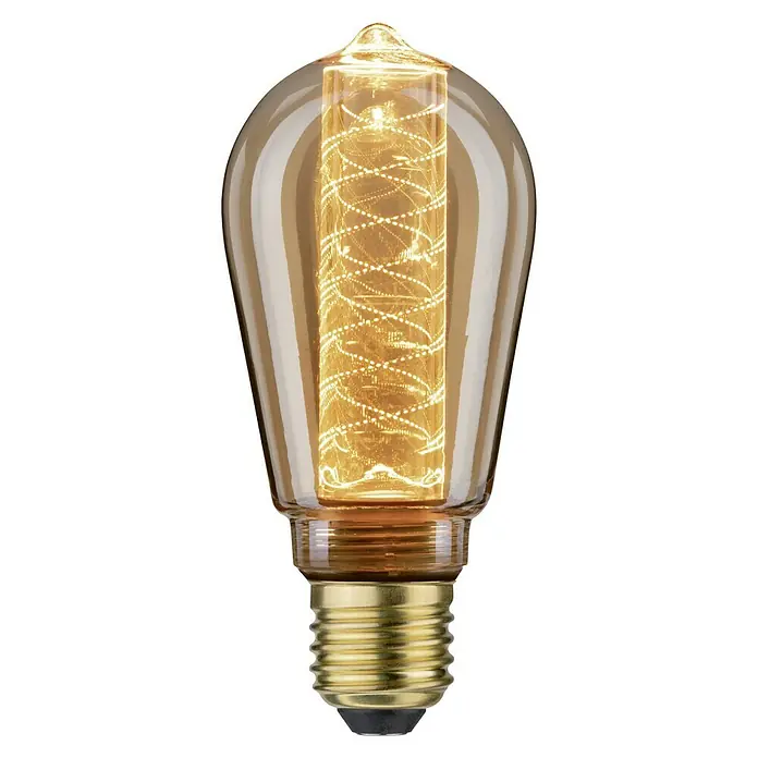 Paulmann LED-Lampe Vintage Glühlampenform Spiral E27 - E27, Nicht Dimmbar, Warmweiß, 200 lm, 4 W, Tropfen - Nahaufnahme einer dekorativen Edison-Glühbirne mit einem spiralförmigen Glühfaden, die ein warmes, bernsteinfarbenes Licht ausstrahlt.