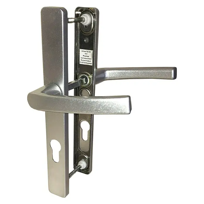 BAUHAUS Drückergarnitur - Passend für: Holznebeneingangstüren, Stärke Tür: 57 mm - 62 mm, Drücker mit Langschild, Silber - Türgriffgarnitur aus Aluminium, silberfarben, für moderne Inneneinrichtung und hohe Funktionalität.