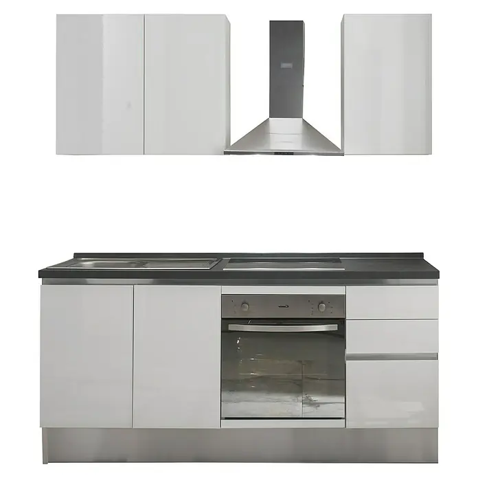 Marinelli Cucine Vormontierte Küchenzeile Giulia - Breite: 195 cm, Weiß, Mit Elektrogeräten, Dekor Arbeitsplatte: Marmoroptik, Spüle links - Küche mit weißen Schränken, Dunstabzugshaube und integriertem Herd für eine moderne Küchengestaltung.