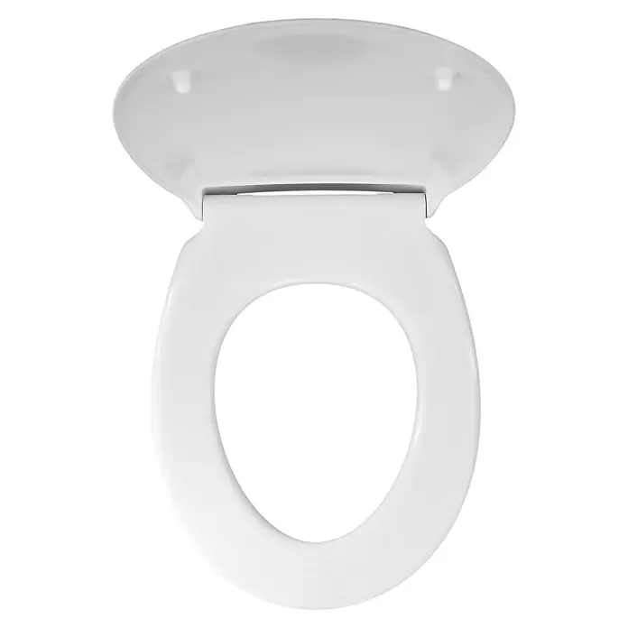 WC-Sitz Tek - Duroplast, Weiß, Mit Absenkautomatik - Nahaufnahme eines weißen Toilettensitzes mit offenem Deckel auf einem schwarzen Hintergrund.