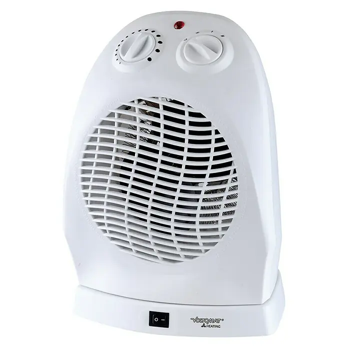 Voltomat HEATING Calefactor de aire FH 118 - 1.000 W - 2.000 W, Blanco - Un calentador de espacio VOROMAT blanco con dos mandos giratorios para el control de la temperatura y un interruptor en la parte frontal.