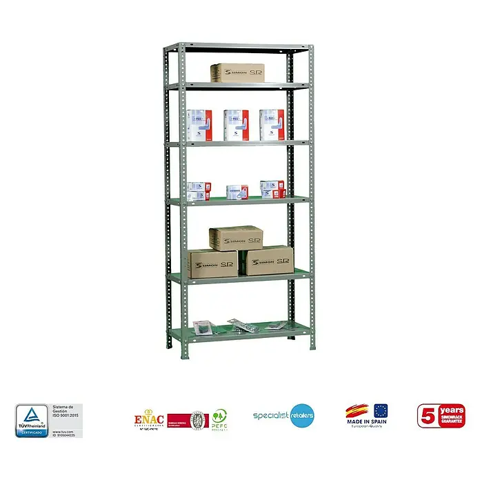 Simonrack Simonclassic Estantería metálica Advantage - Al x An x Pr: 200 x 90 x 30 cm, Capacidad de carga por balda: 75 kg, Número de baldas: 6 ud., Atornillado, Gris - Una estantería metálica gris y robusta con seis niveles, ideal para el almacenamiento y la organización en un almacén u oficina.
