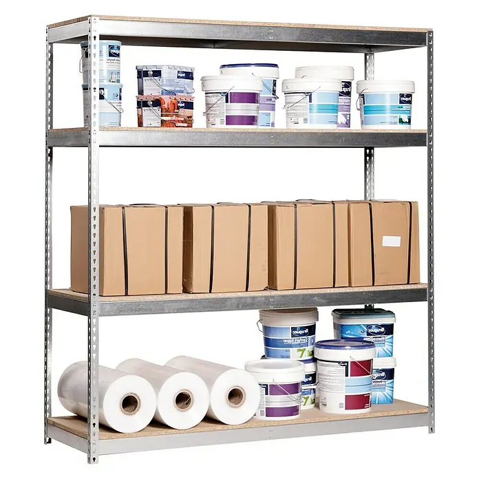 Simonrack Simontaller Schwerlastregal Ecoforte Chipboard - H x B x T: 200 x 120 x 45 cm, Traglast pro Boden: 400 kg, Anzahl Böden: 4 Stk., Stecken, Silber - Regal mit vier Ablagen, beladen mit Farbeimern, Rollen und Kartons. Das Regal bietet viel Stauraum für verschiedene Gegenstände.