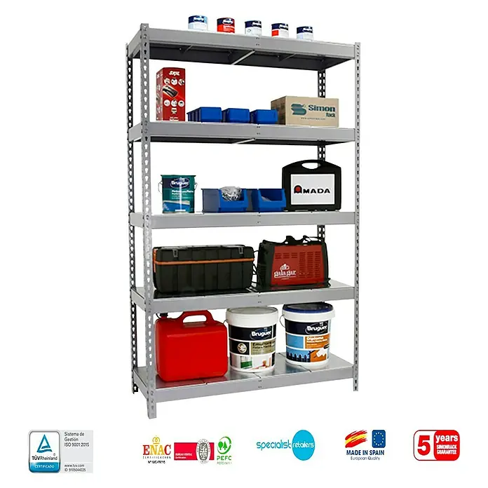 Simonrack Simontaller Estantería para cargas pesadas Metal - Al x An x Pr: 200 x 150 x 60 cm, Capacidad de carga por balda: 400 kg, Número de baldas: 5 ud., Inserción, Galvanizado - Estantería resistente de cinco estantes para cargas pesadas, perfecta para taller o almacén, cargada con herramientas y botes de pintura.
