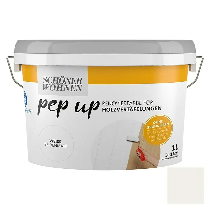 SCHÖNER WOHNEN-Farbe Pep up Weißlack für Holzvertäfelungen - Weiß, Seidenmatt, 1 l, Wasserbasiert - Dose „Schöner Wohnen pep up“ Renovierfarbe für Holzvertäfelungen, weiß seidenmatt, 1 Liter, geeignet für Decken und Wände.