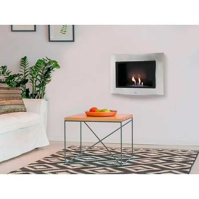 Purline Chimenea de bioetanol Thea - L x An x Al: 14 x 63,5 x 48 cm, Cromo - Chimenea contemporánea de pared con marco plateado, que añade un ambiente acogedor a una sala de estar elegante.