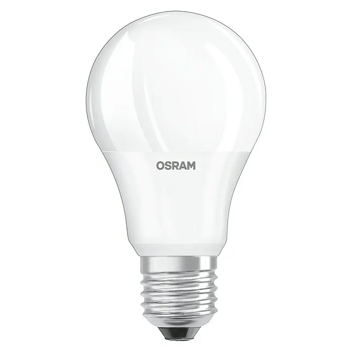 Osram Bombilla LED - E27, No regulable, Blanco cálido, 806 lm, 8,5 W, 3 ud. - Primer plano de una bombilla LED OSRAM con base E27, que proporciona iluminación de bajo consumo para tu hogar y larga duración.