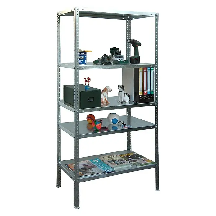 Simonrack Simonclassic Estantería metálica Comfort Plus - Al x An x Pr: 200 x 100 x 30 cm, Capacidad de carga por balda: 100 kg, Número de baldas: 5 ud., Atornillado, Galvanizado - La imagen muestra una estantería de cinco niveles llena de diversos objetos como herramientas, libros y juguetes.