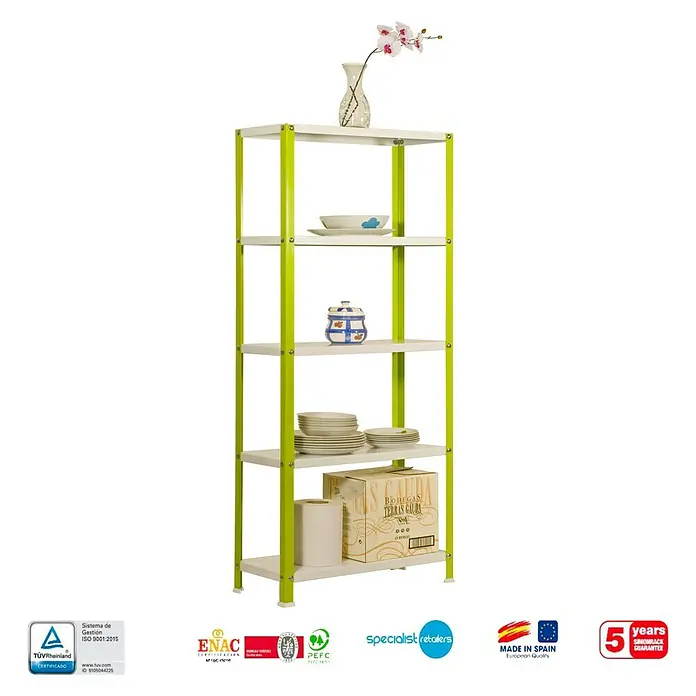 Simonrack Simonhome Estantería metálica Homeclassic Color Mini - Al x An x Pr: 180 x 100 x 40 cm, Capacidad de carga por balda: 100 kg, Número de baldas: 5 ud., Atornillado, Verde - Una estantería de cinco niveles, ideal para guardar platos, jarrones y otros objetos. La estantería tiene un diseño moderno y elegante.
