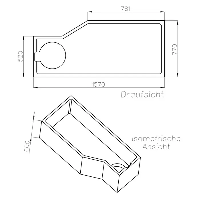 Ottofond Badewannenträger Flint B - Passend für: Badewanne Flint B 160 x 80 cm - Technische Zeichnung einer Badewanne mit Maßen in Draufsicht und isometrischer Ansicht.