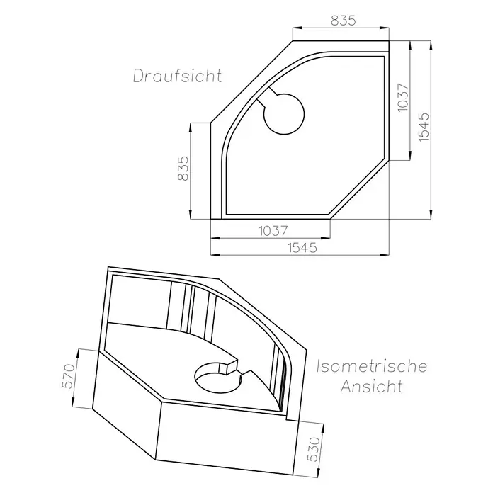 Ottofond Wannenträger Almeira - Passend für: Ottofond Eckbadewanne Almeria 150 x 150 cm - Draufsicht und isometrische Ansicht einer Duschkabine mit Maßangaben.