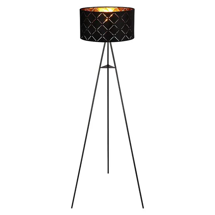 Globo Stehleuchte Sunna - Höhe: 149 cm - Elegante Stehlampe mit schwarzem Lampenschirm und goldenem Innenfutter. Das Stativ ist aus schwarzem Metall gefertigt und sorgt für einen stabilen Stand.