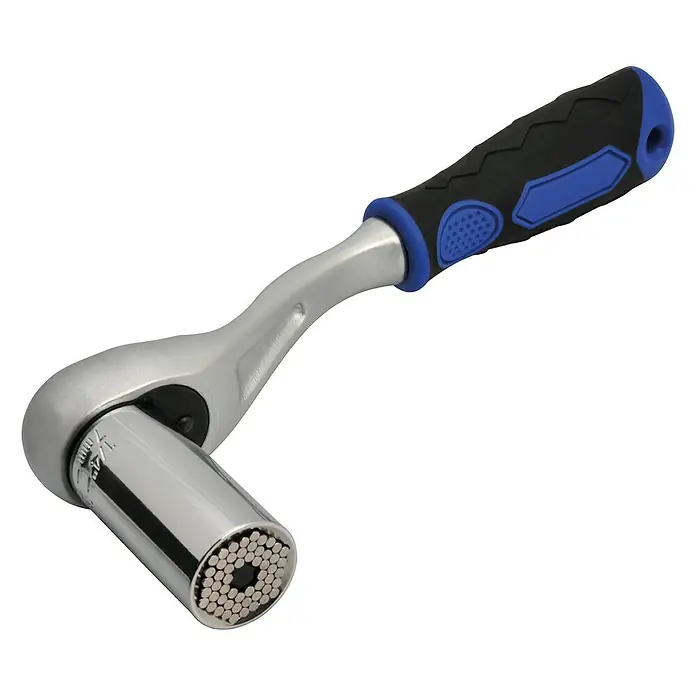 Cartrend Umschaltknarre - Antriebsgröße: ⅜″, Anzahl Zähne: 72 - Ein Universal-Steckschlüssel mit Knarre. Das Werkzeug hat einen Griff mit schwarzem und blauem Design. Ideal für Heimwerker und Profis.