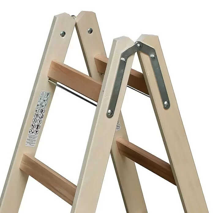 Krause Stabilo Escalera doble - Número de peldaños: 14 ud., Altura de trabajo: 3,25 m, Carga soportada: 150 kg, Madera - Estructura de escalada plegable de madera clara con bisagras metálicas, peldaños y etiquetas de seguridad.